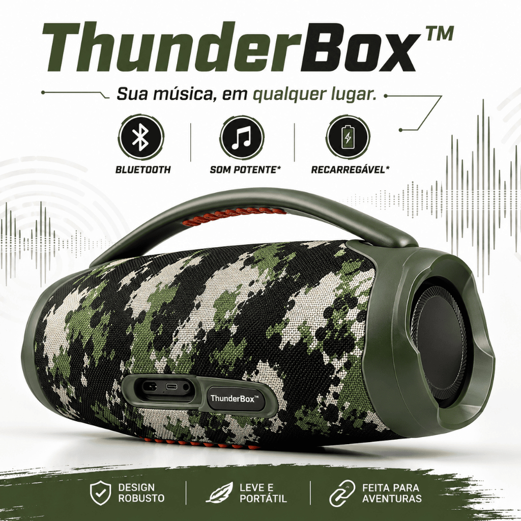 Caixa de Som - GRANDE 35CM - Bluetooth Portátil Recarregável Sem Fio com Alça ThunderBox™ Camuflada