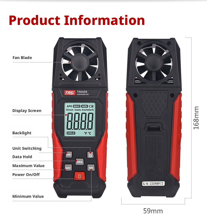 Anemômetro Portátil Digital De Alta Precisão De Uma Peça , Medidor De Velocidade Do Vento De 0.1-30 M/s Com Temperatura