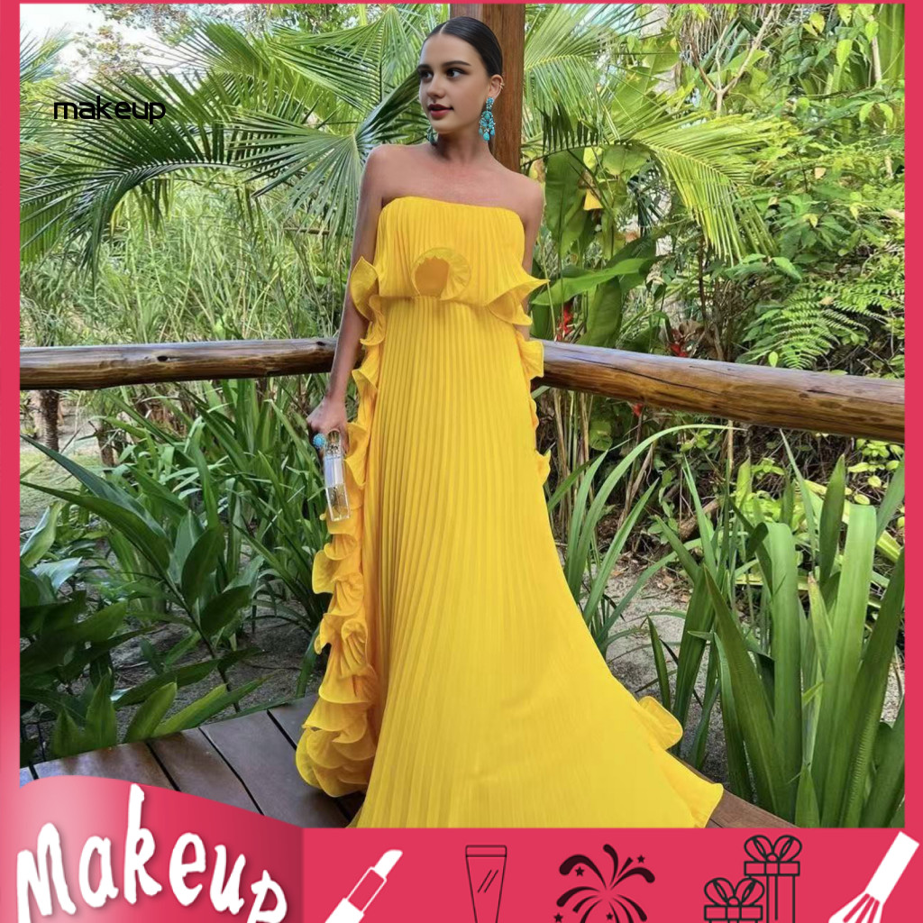 Breathable Women Dress Off Shoulder Women’s Maxi Summer Ruffle Pleated Swing Long Beach Wedding Party Travel Outfit Li