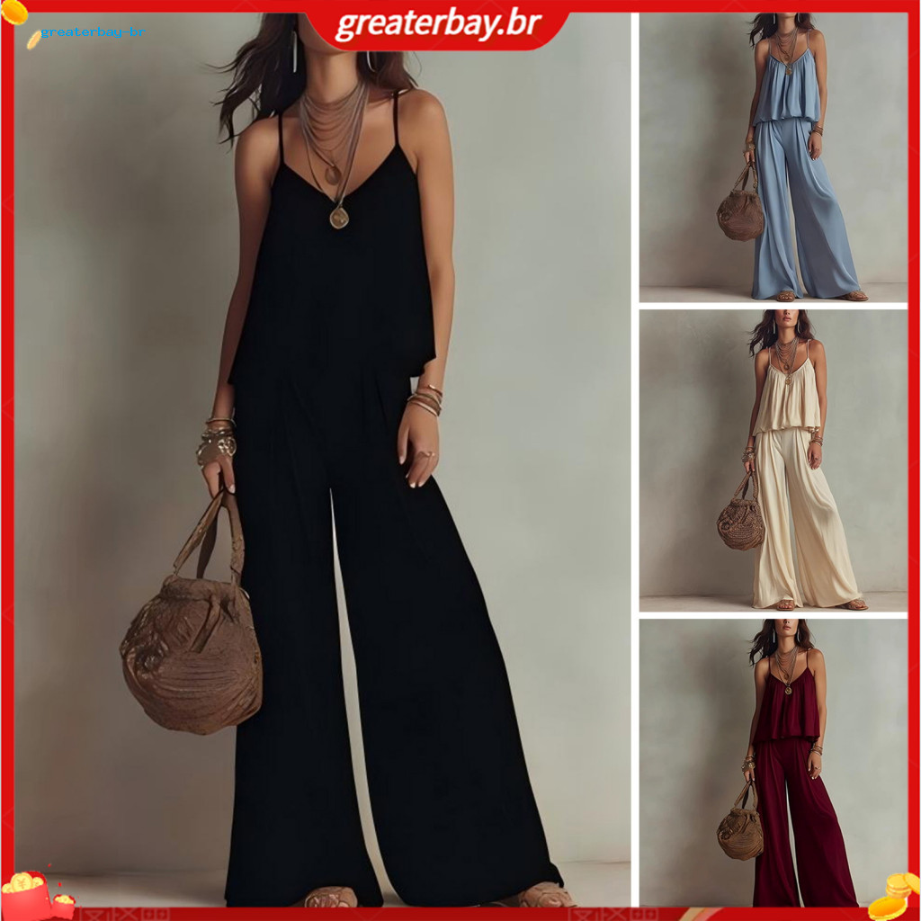 Summer Women’s 2 Piece Set – Spaghetti Strap Tank Top Wide Leg Pants Lightweight Lounge Beach Vacation Outfit Perfec