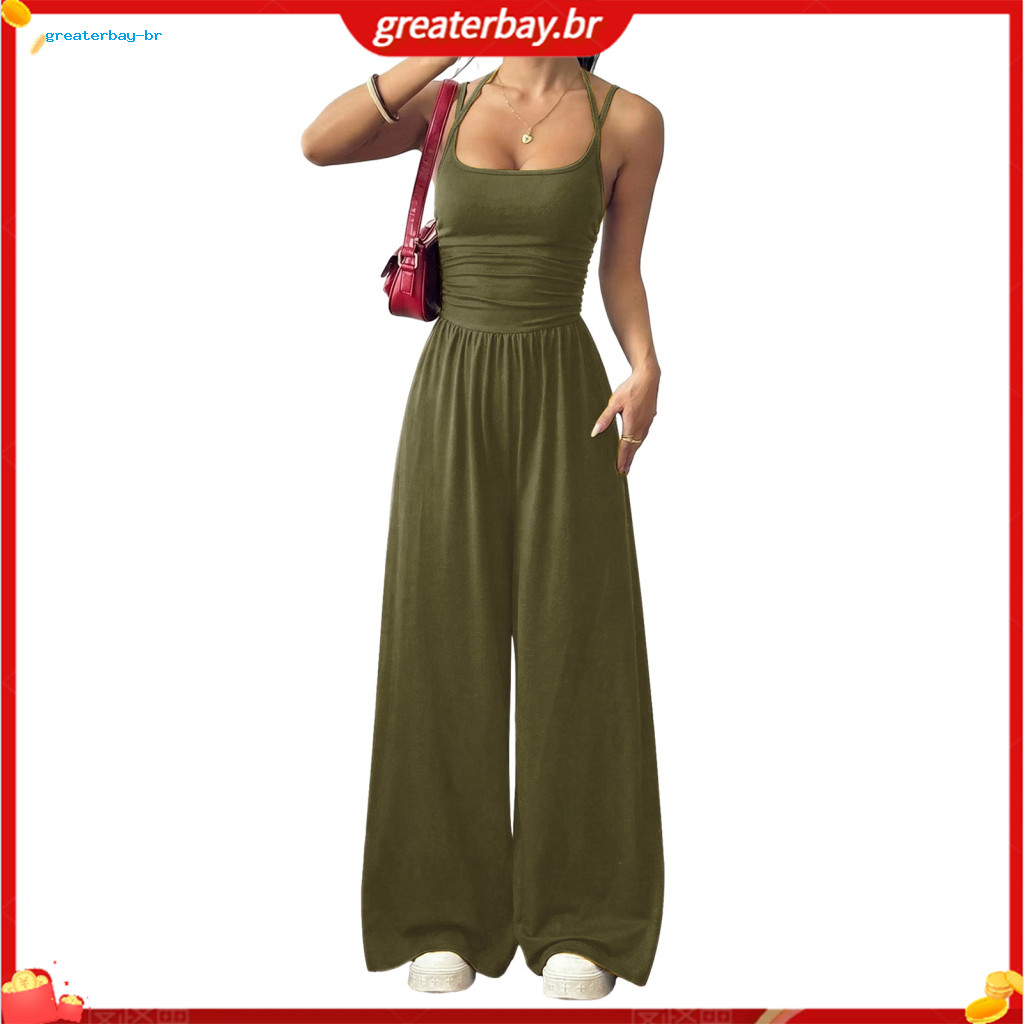 Women’s Summer Jumpsuit Sleeveless Spaghetti Strap Wide Leg Romper One Piece Long Pants Outfit Perfect for Beach Trave