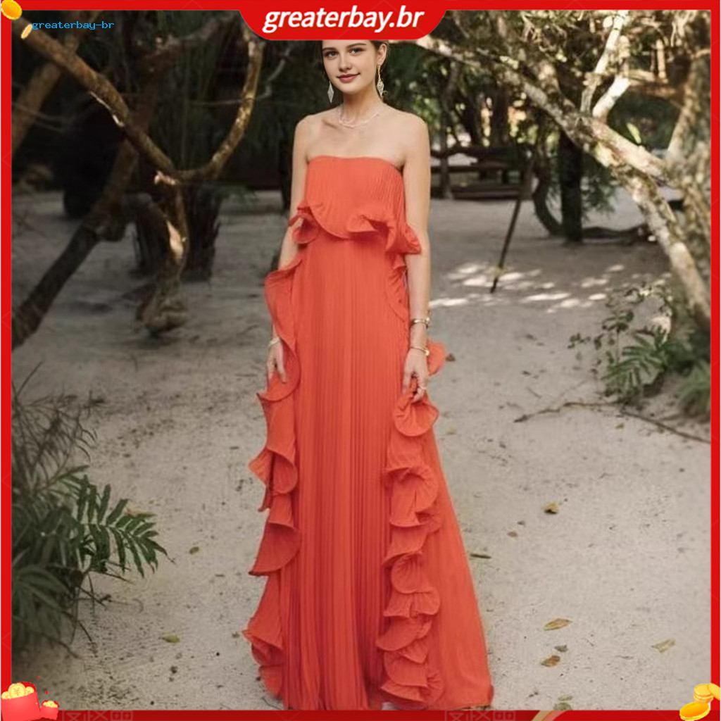 Women’s Off-shoulder Maxi Dress Summer Ruffle Pleated Swing Long Beach Wedding Party Travel Outfit Lightweight Casual