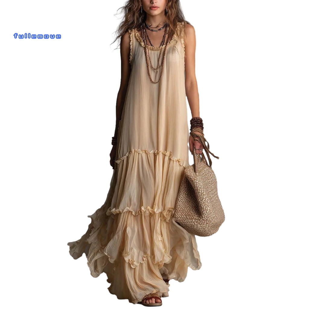 Vacation Outfit Breathable Chiffon Skirt Women’s Boho Summer Ruffle Tiered Maxi Dress – A-line Flowy Beach Sundress