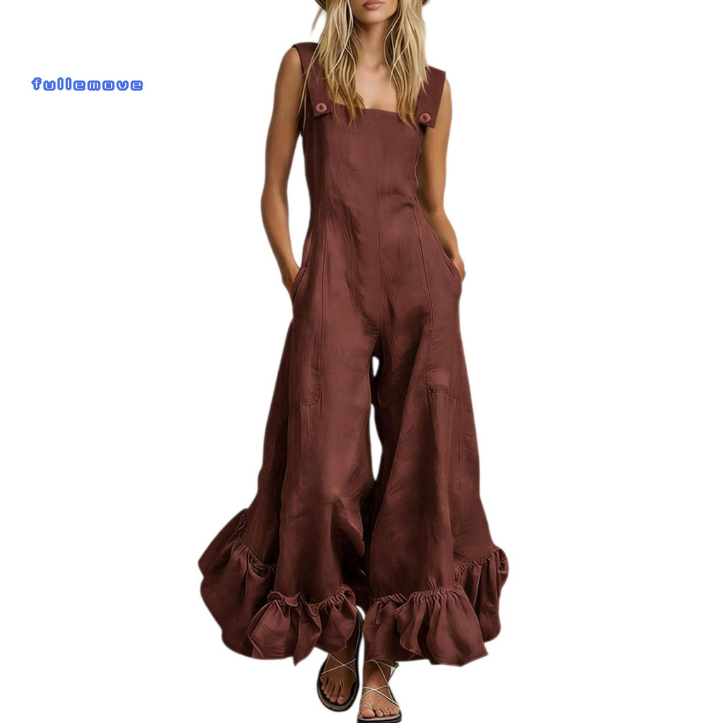 Women Jumpsuit Pocketed Wide-leg Women’s Summer with Ruffle Wide Leg Pants Romper Beach Vacation One-piece Outfit Pock