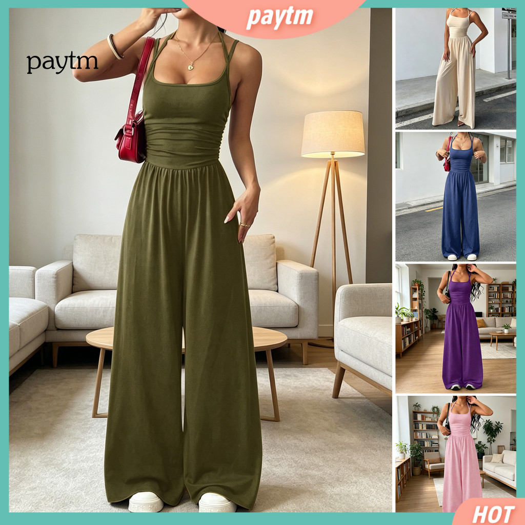 Women Jumpsuit Wide Leg Pants Women’s Summer Spaghetti Strap Romper One Piece Outfit Lightweight Long for Beach Travel