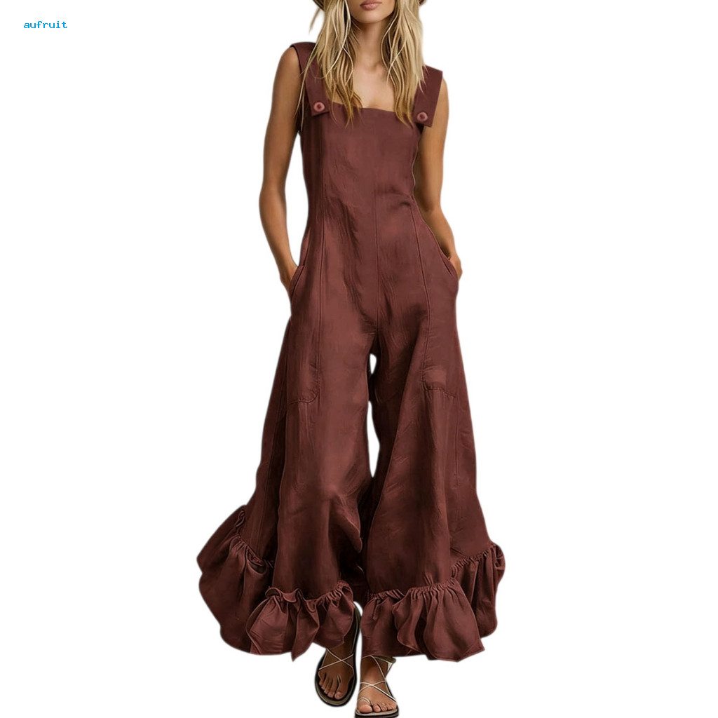 Wide-leg Jumpsuit Women Women’s Summer with Ruffle Wide Leg Pants Romper Beach Vacation One-piece Outfit Pockets – L