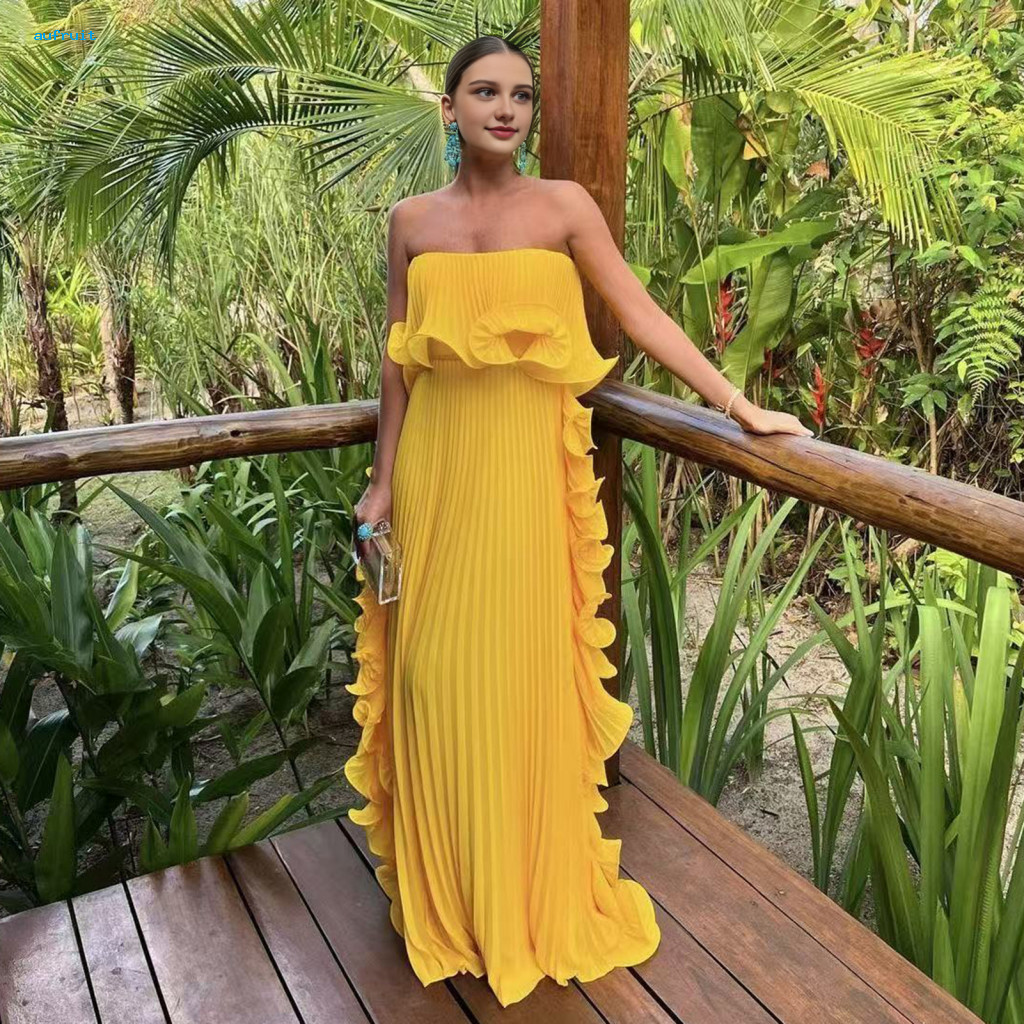 Waist-hugging Dress Off Shoulder Women’s Maxi Summer Ruffle Pleated Swing Long Beach Wedding Party Travel Outfit Light
