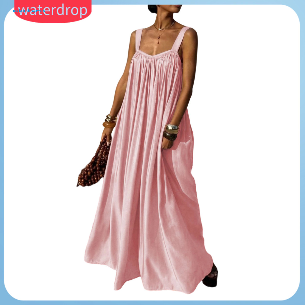 Women Summer Dress Sleeveless Spaghetti Strap Pleated Maxi Loose Flowy Beach Vacation Sundress Casual Holiday Outfit Lig