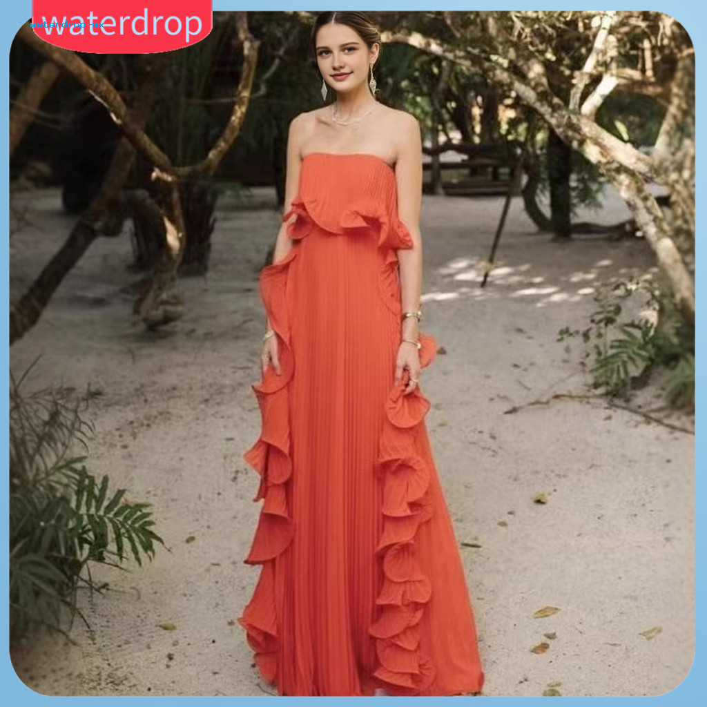 Women’s Off Shoulder Maxi Dress Summer Ruffle Pleated Swing Long Beach Wedding Party Travel Outfit Lightweight Casual