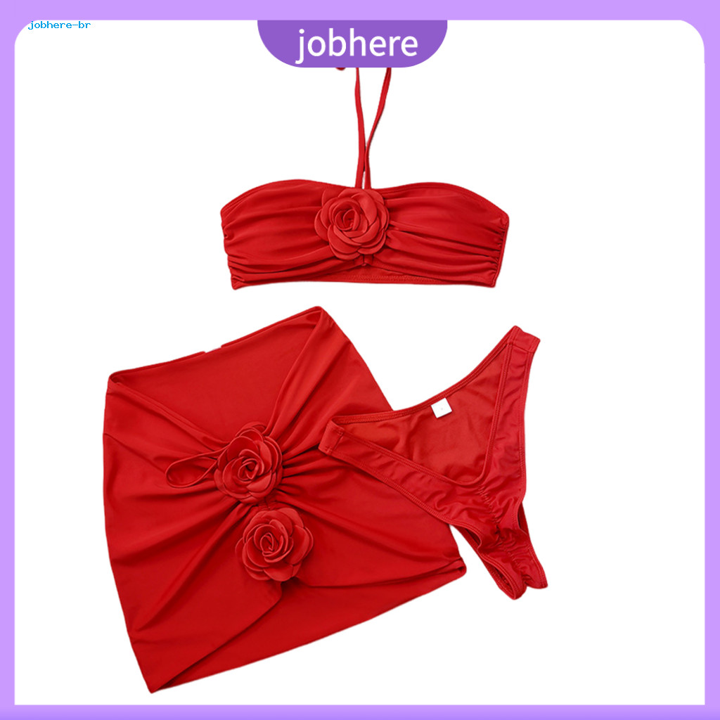 Beach Outfit Solid Color Swimsuit 3pcs Women Summer Bikini Set 3d Rose Flower Halter Bandeau Bra High Waist Swimming Tru
