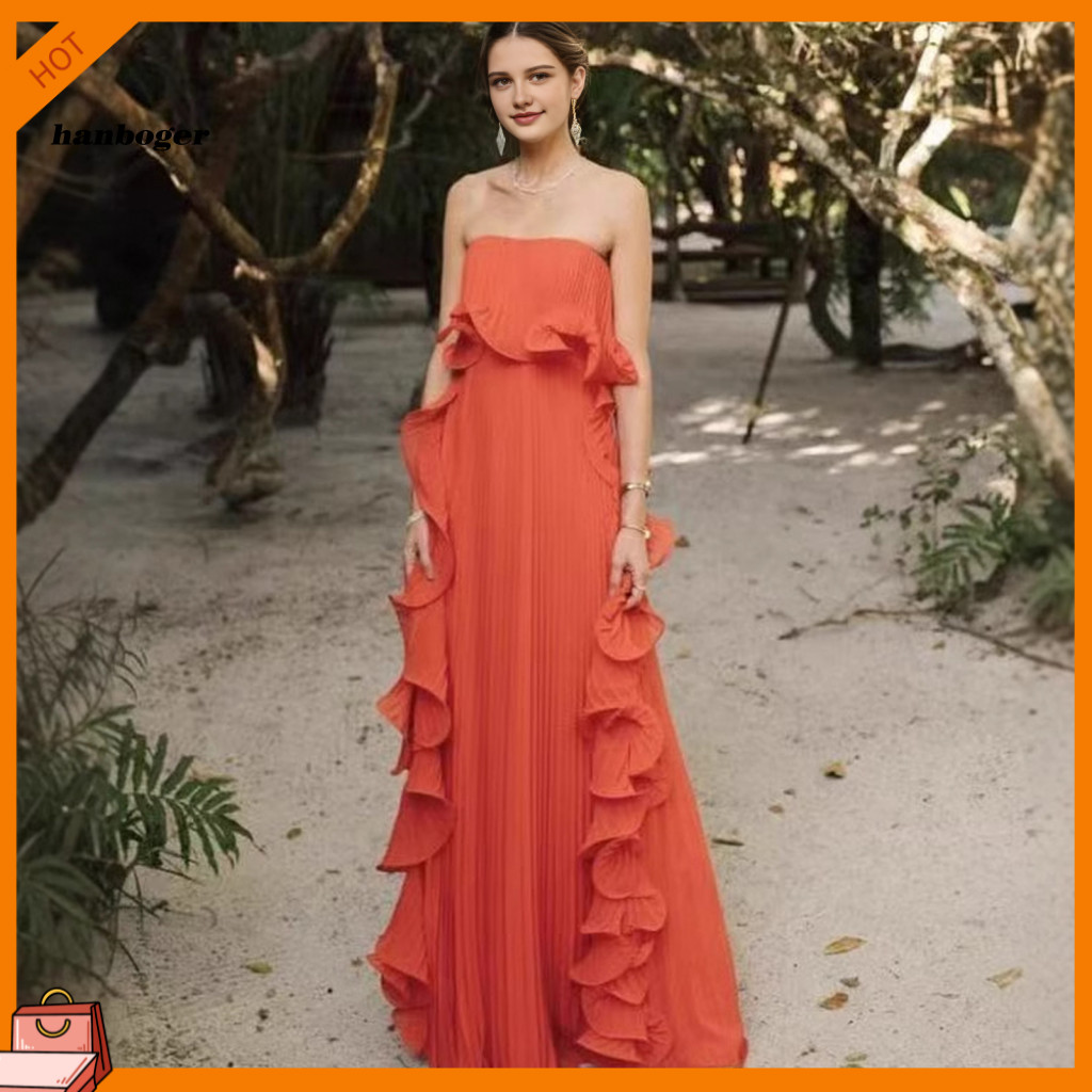 Off Shoulder Dress Elegant Maxi Women’s Summer Ruffle Pleated Swing Long Beach Wedding Party Travel Outfit Lightweight