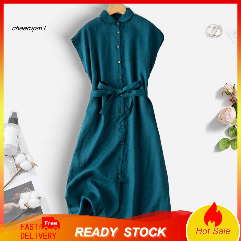 Cotton Linen Dress Lightweight Women’s Midi with Belt Button-down Lapel Collar Beach Party Summer Outfit for Southeast