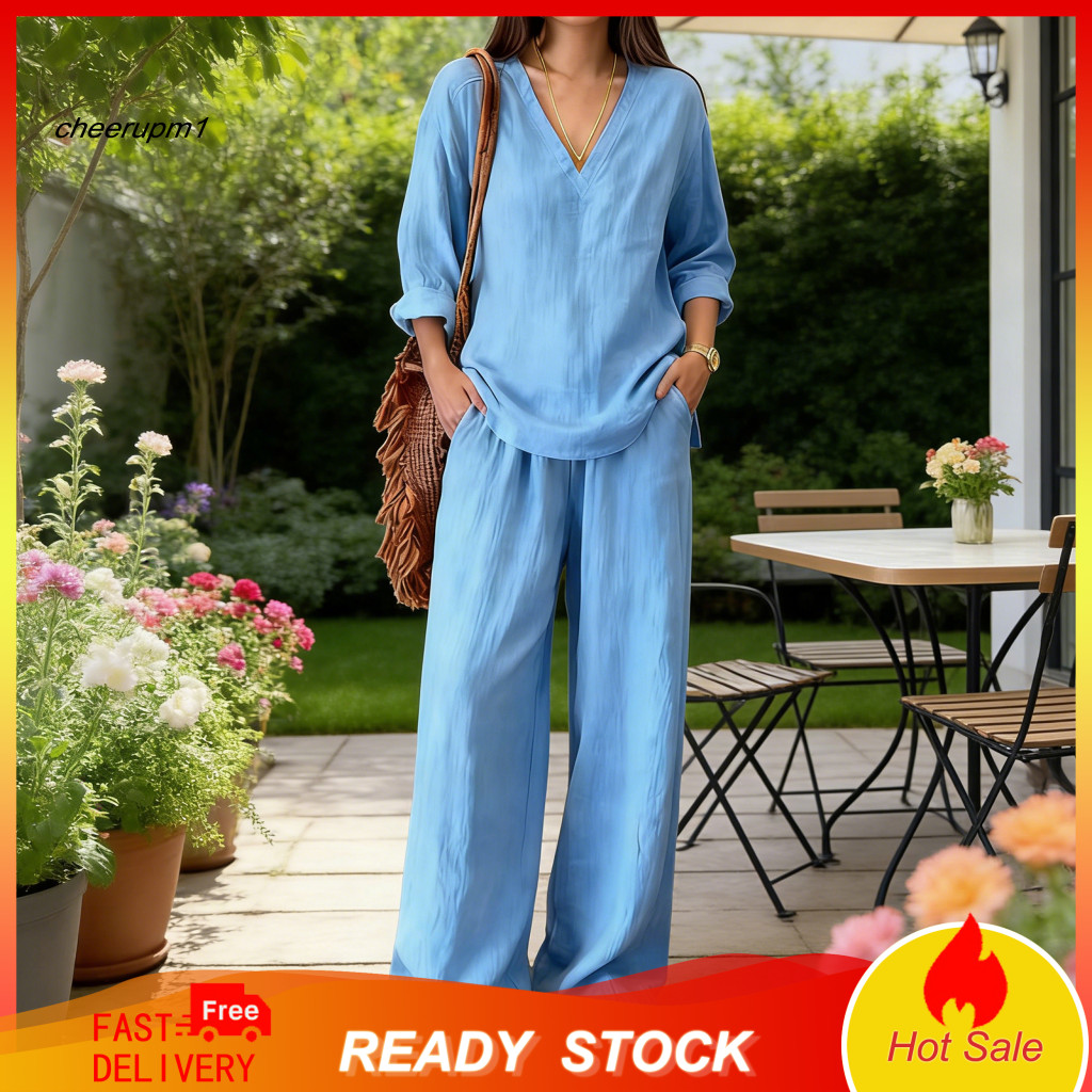 Women Two-piece Suit Outfit Women’s Linen 2-piece Set Summer – Long Sleeve V Neck Shirt Wide Leg Pants Beach Vacatio
