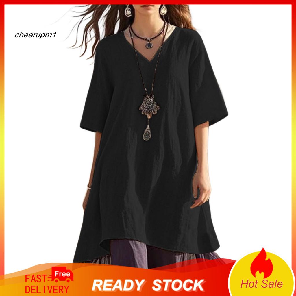 V-neck Loose Fit Dress Comfortable Women’s Boho Patchwork Swing Short Sleeve Summer Sundress Beach Vacation Outfit Lig