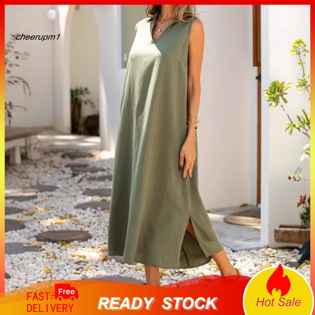 V-neck Dress Loose Cut Women’s Cotton Linen Maxi Tank Summer Beach Long Split Sundress Lightweight Breathable Outfit f