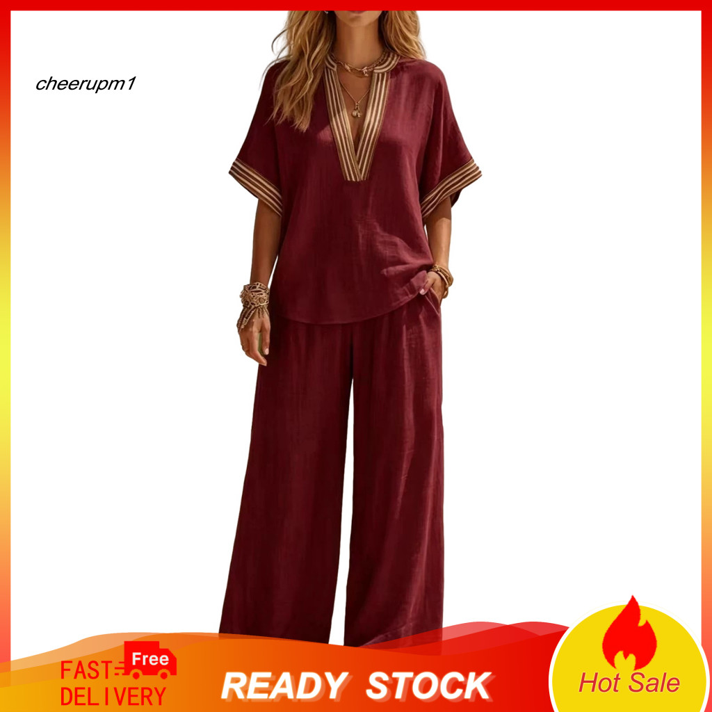 Beach Vacation Outfit Women Breathable Textured Fabric Pants Women’s Summer Color Block 2-piece Set – Short Sleeve V