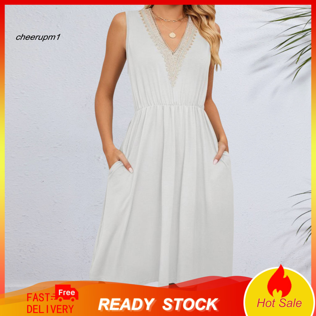 Soft Lightweight Fabric Dress Women V-neck Women’s Summer V Neck Midi with Pockets Boho Beach Sundress Vacation Outfit