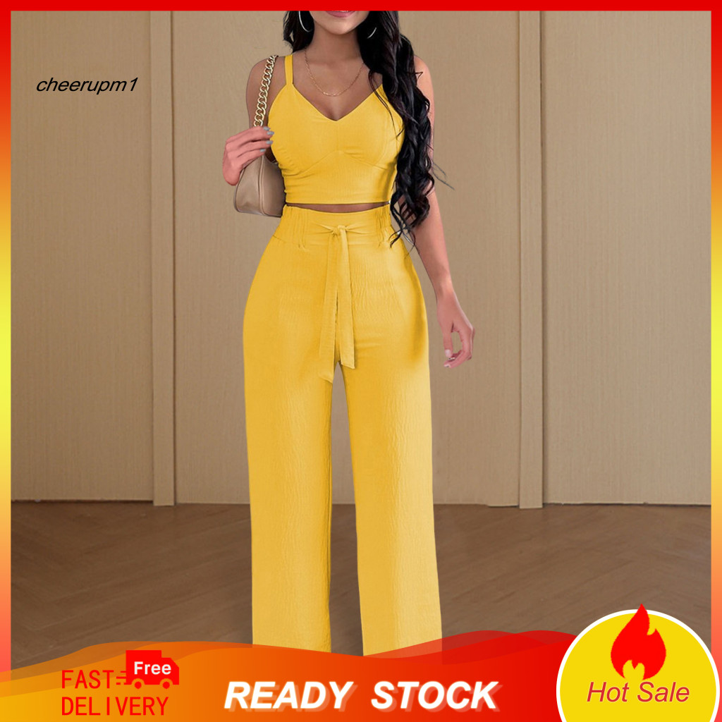 Polyester Two Piece Set Outfit Women’s Two-piece Summer – V-neck Strappy Crop Top Wide Leg Pants Beach Vacation Loun