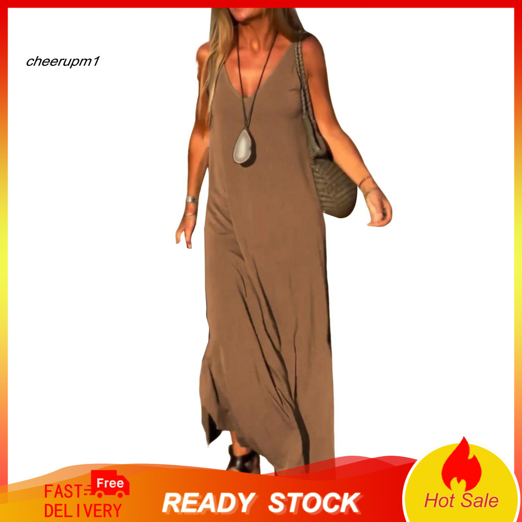 Women Polyester Dress Long for Women’s Summer Cami V-neck Split Maxi Sundress Loose Beach Vacation Travel Outfit Light