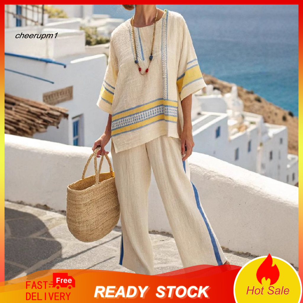 Everyday Wear for Women Loose Fit Outfit Women’s 2 Piece Summer Set – Striped Short Sleeve Top Wide Leg Pants Beach