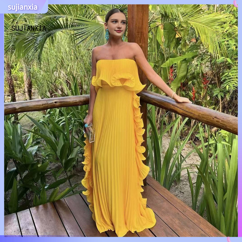 Women Long Dress Casual Women’s Off-shoulder Maxi Summer Ruffle Pleated Swing Beach Wedding Party Travel Outfit Lightw