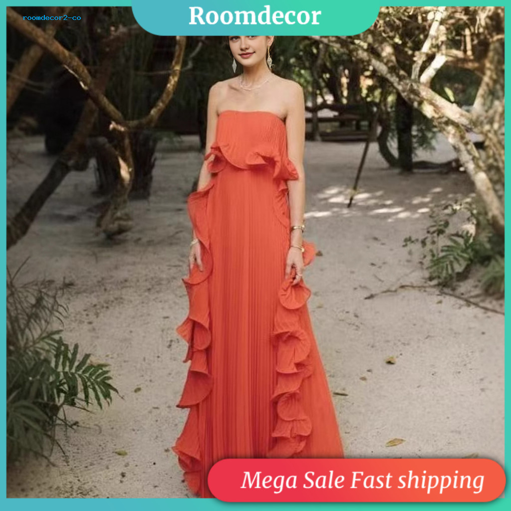 Women’s Off-shoulder Maxi Dress Summer Ruffle Pleated Swing Long Beach Wedding Party Travel Outfit Lightweight Elegant