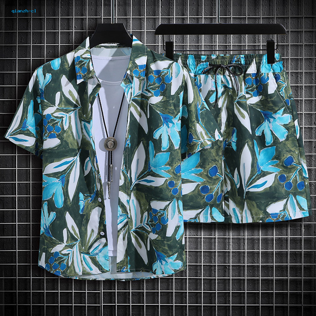 Men Top Pants Suit Set Printed 2pcs Beach Outfit Hawaiian Print Short Sleeve Shirt Elastic Waist Wide Leg Shorts Summer