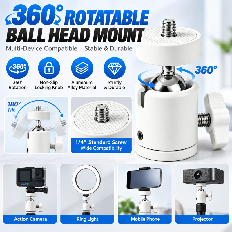 360 ° Rotativo Mini Ball Head 1/4 Inch Screw Adjustable Metal Tripod Mount para Telefone de Câmera de Vídeo Ph