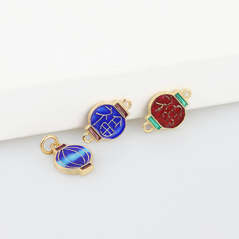 S925 prata banhado a ouro lanterna da sorte pequeno pingente Cloisonne queimado azul brincos pulseira tornozeleira acess