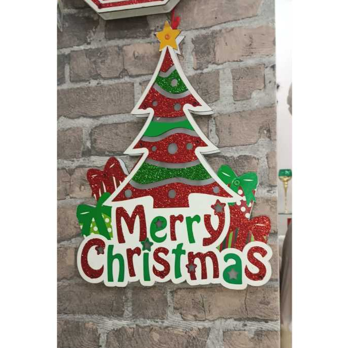 Placa Natalina Merry Christimans Arvore Com Luz Grande 37cm