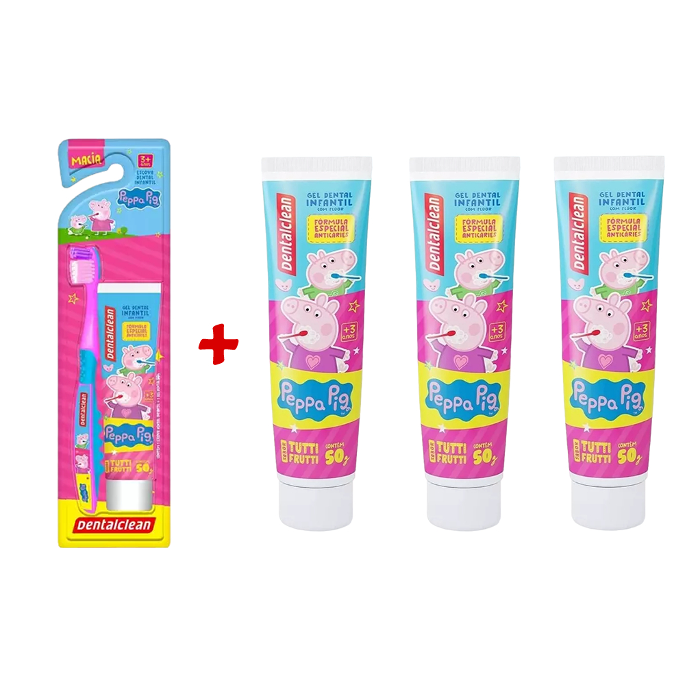 Kit Escova Dental Infantil Peppa Pig com Gel + 3 Gel Dental 50g Tutti Frutti Dentalclean