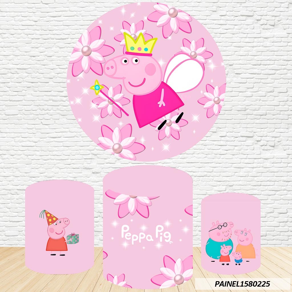Kit de Capas Painel Redondo Sublimado Peppa Pig 1,50M + Trio Capas de Cilindro C/Elástico