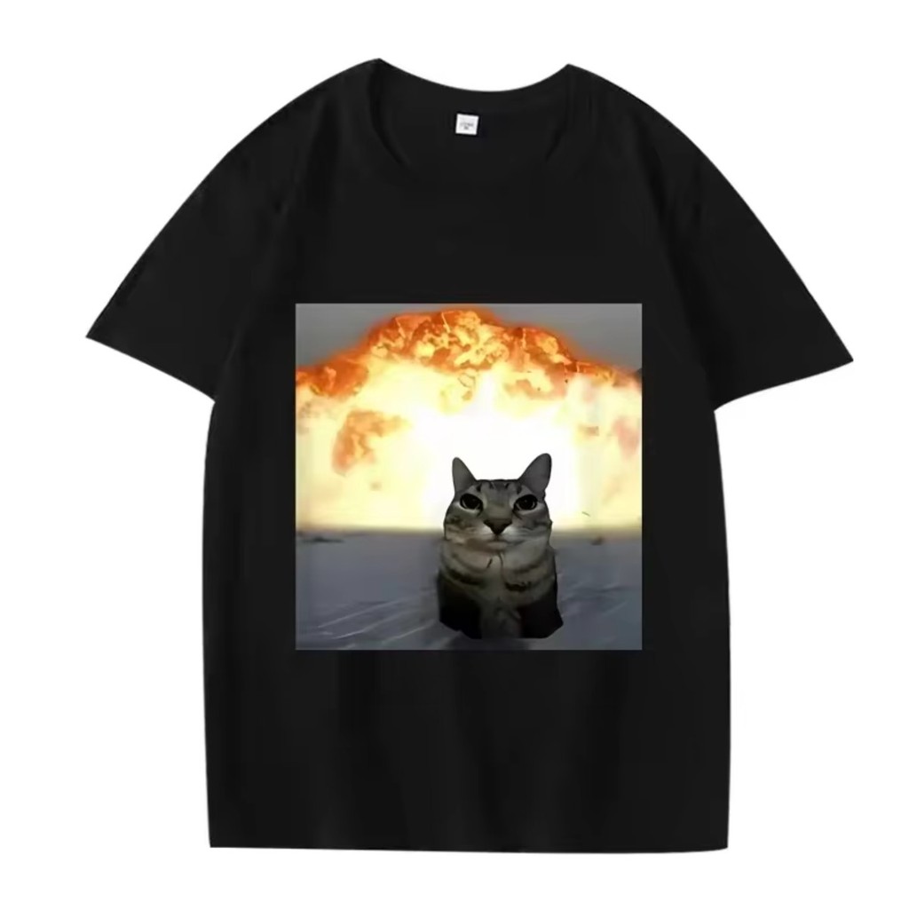 Camisa Gato Explosão Camiseta Engraçado Crewneck Meme Estampa Criativa Look Despojado Unissex