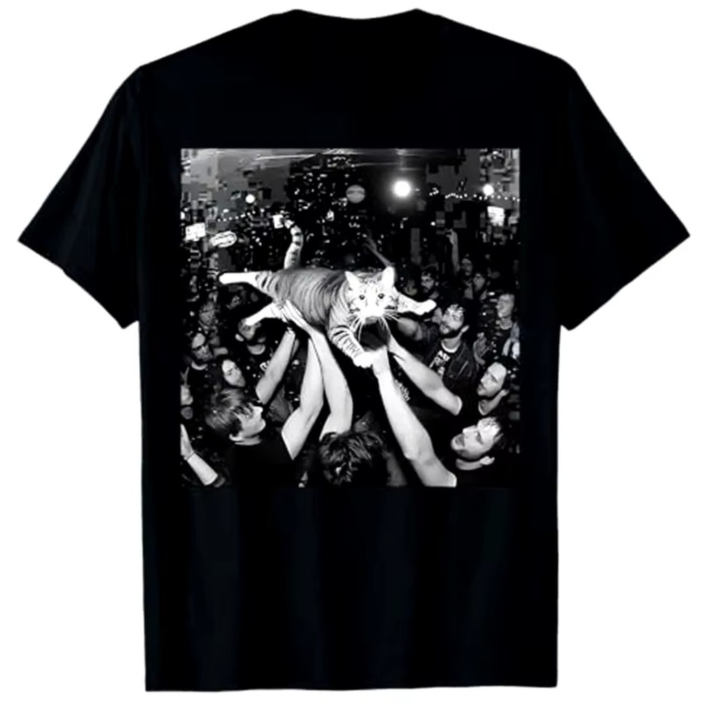 Camiseta Engraçado Rock Show Gato Meme Gatinho Malhado Multidão Surf Humor Kitty Estrela Streetwear