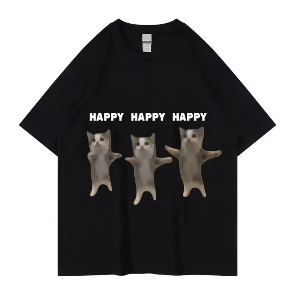 Camiseta Engraçado Bonito Gato Feliz Happy Meme Dança Manga Curta Casual Algodão T Shitrs