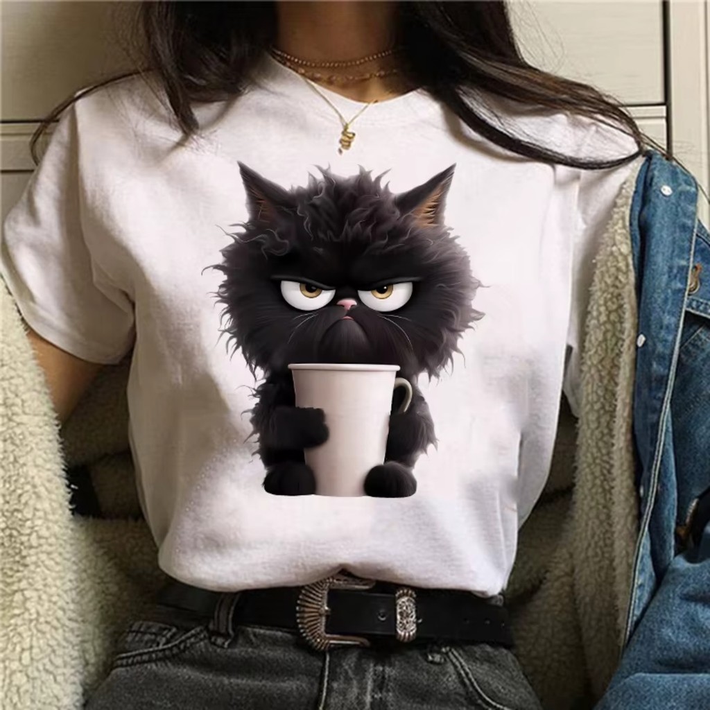 Blusa T-shirt Gato Engraçado Estressado Café Verão Menina Casual Animais Camiseta Unissex Meme