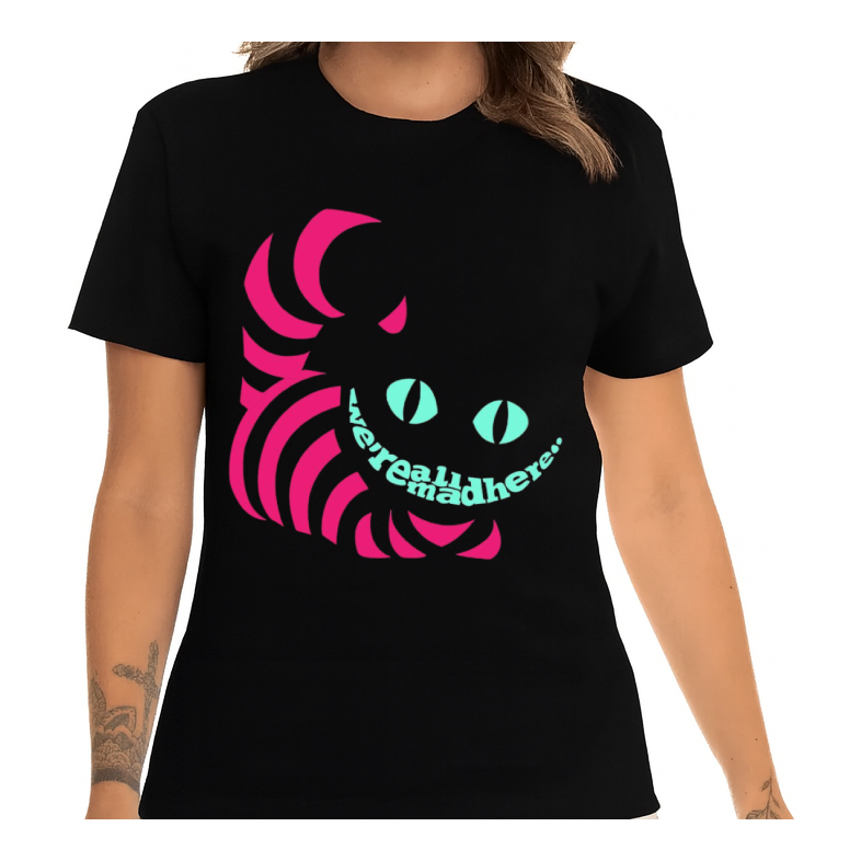 Camiseta Feminina Blusa Gato Mestre Alice no Pais das Maravilhas