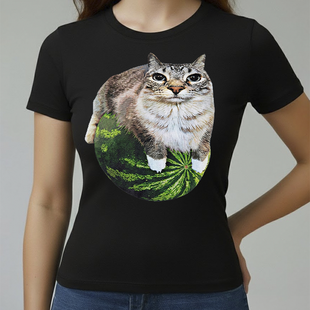 Camiseta Baby Look Feminina Algodão Conforto Qualidade Estampada Gato Melancia Do Tamanho P ao GG