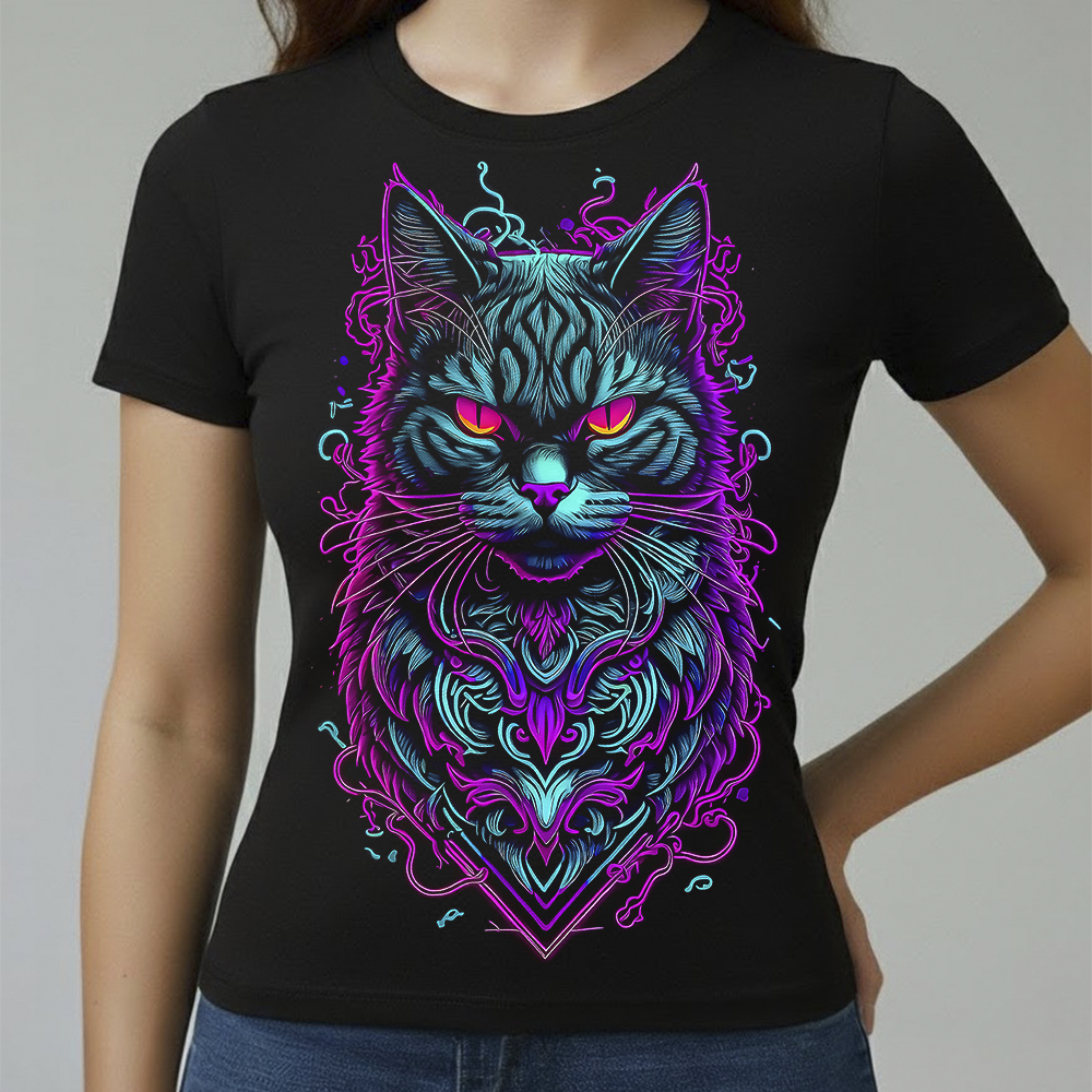 Camiseta Baby Look Feminina Algodão Conforto Qualidade Estampada Gato Preto Do Tamanho P ao GG