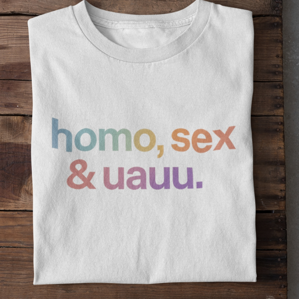 Camiseta Engraçada Unissex Homo, Sex & uau | Camiseta Frase Colorida e divertidade PRIDE 100% Algodão