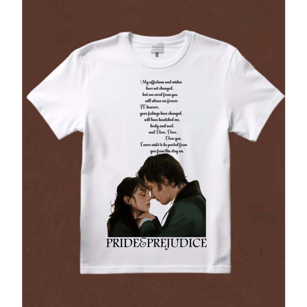 Camiseta branca 100% algodão Orgulho e Preconceito | Pride & Prejudice -Romance/Comédia Elizabeth Bennet e Mr. Darcy