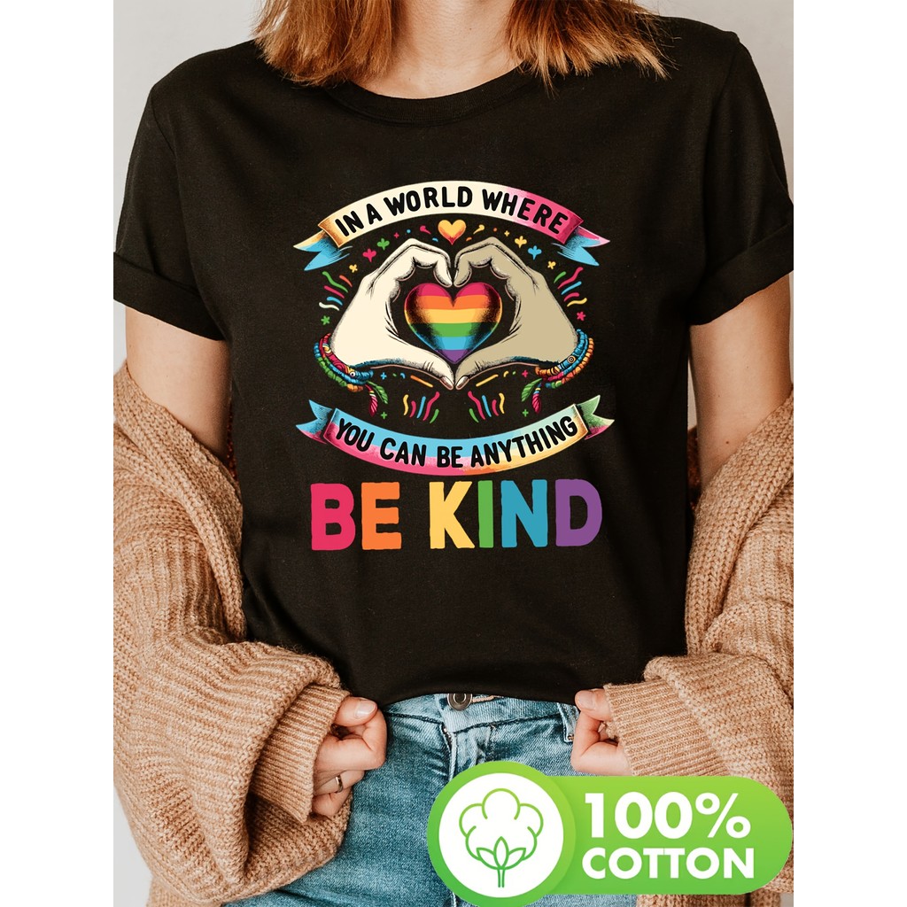 Camiseta Feminina Plus Size Be Kind Gay Pride Rainbow Hearts Unissex Shirt Oversized 100% Algodão