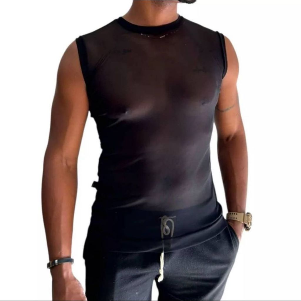 Regata Masculina Tule Slim Transparente Estilo Coreano