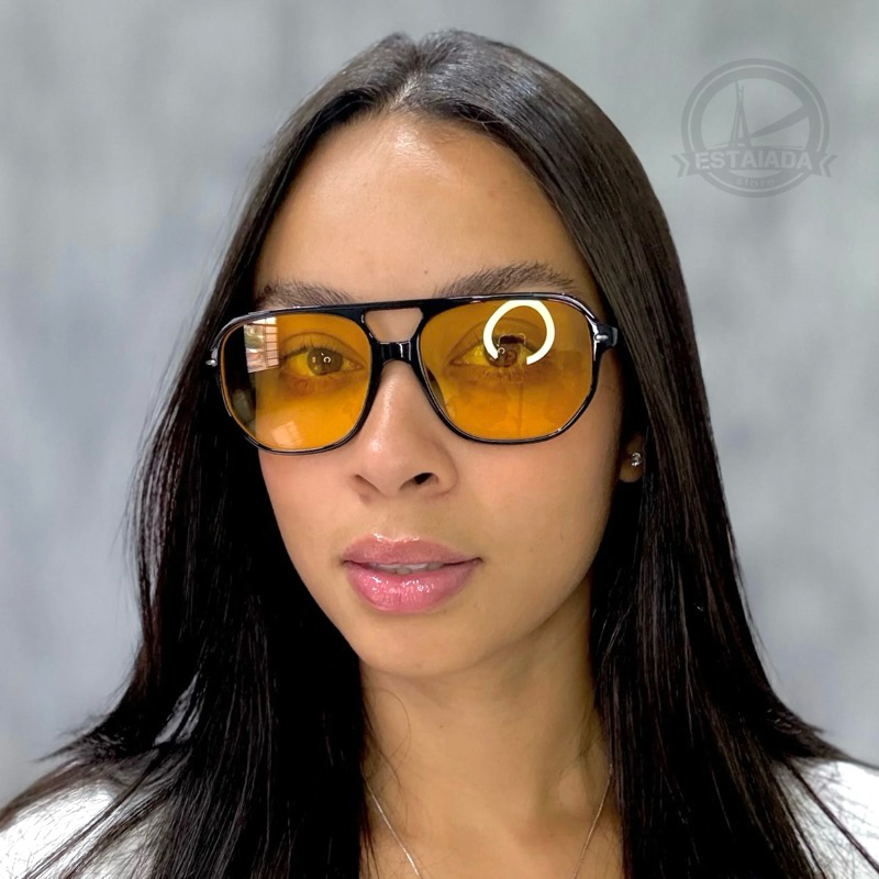 Óculos de Sol Munich Blogueira Atenas Aviador Amarelo Transparente Estilo Coreano Moldura Grande Unisex Protecão UV