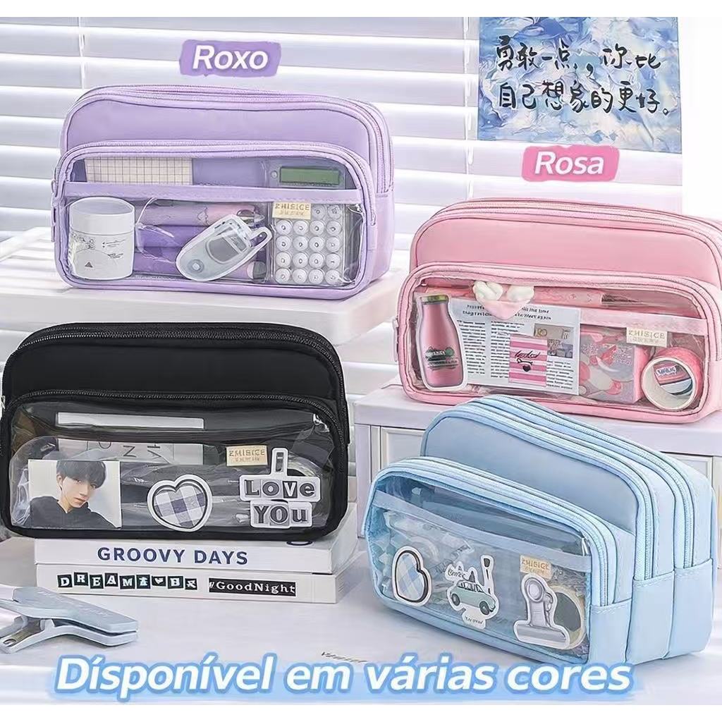 Estojo Chique De Cor Sólida,Simplicidade Coreana , Bolsa Transparente Para Caneta,Grande Capacidade