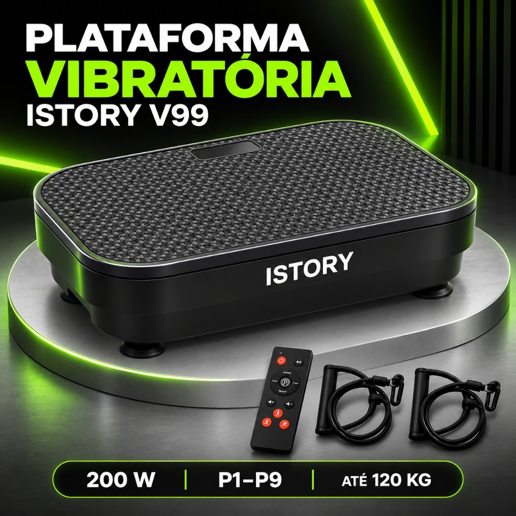 Plataforma Vibratória Elétrica ISTORY V99 200W para Academia em Casa com Bluetooth RGB Controle Remoto e 2 Elásticos