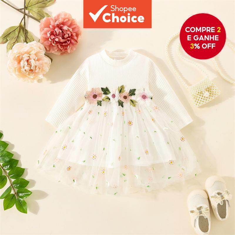 Outono Novo Branco Manga Longa Vestido De Bebê Dos Desenhos Animados Flor Bordado Meninas Roupas Festa Saia