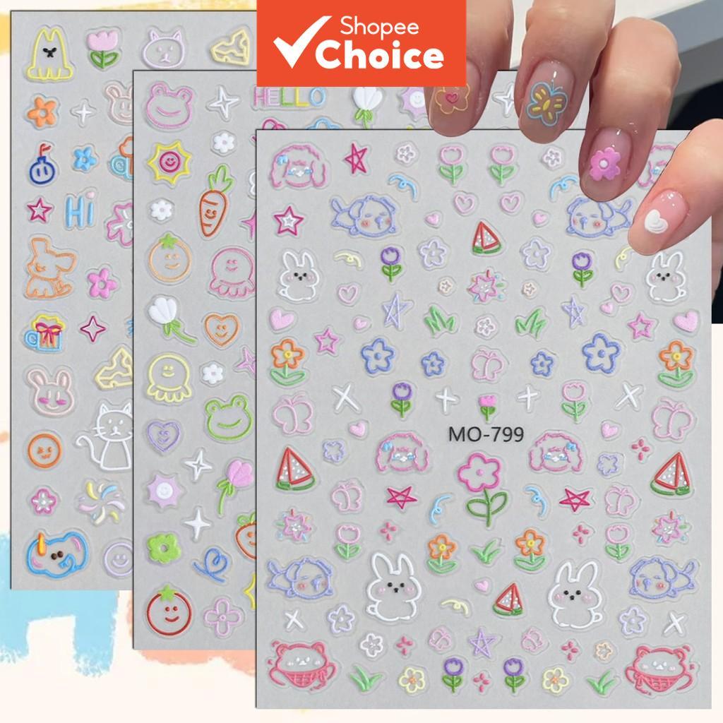 3/6/12 Folhas de Adesivos de Unhas de Desenho Animado Kawaii, Relevos 5D, Pastel, Animais, Flores, Coração, Autoadesivos