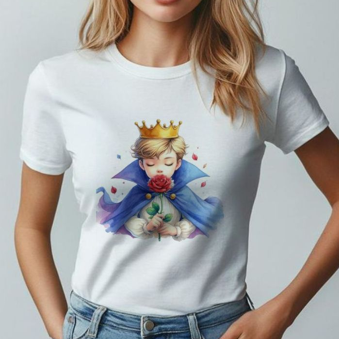 CAMISETA UNISSEX INFANTIL E ADULTA,DESENHO ANIMADO, pequeno principe flor , MODA CASUAL,PLUS SIZE