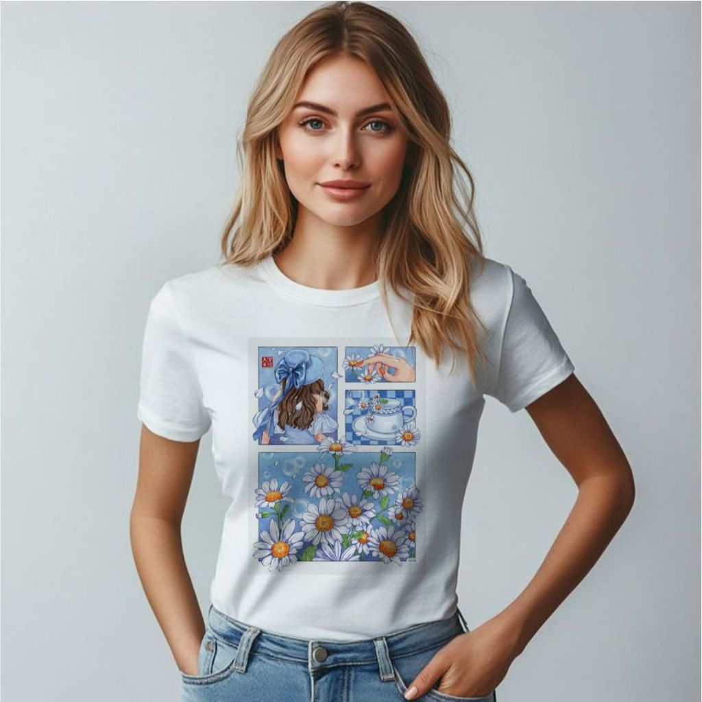CAMISETA UNISSEX INFANTIL E ADULTA,DESENHO ANIMADO, flores azuis, MODA CASUAL,PLUS SIZE